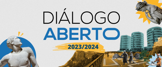 Banner informativo, sobre o diálogo aberto 2023/2024 realizado pela Subprefeitura de cada região, o qual mostra as ruas e prédios de são paulo.